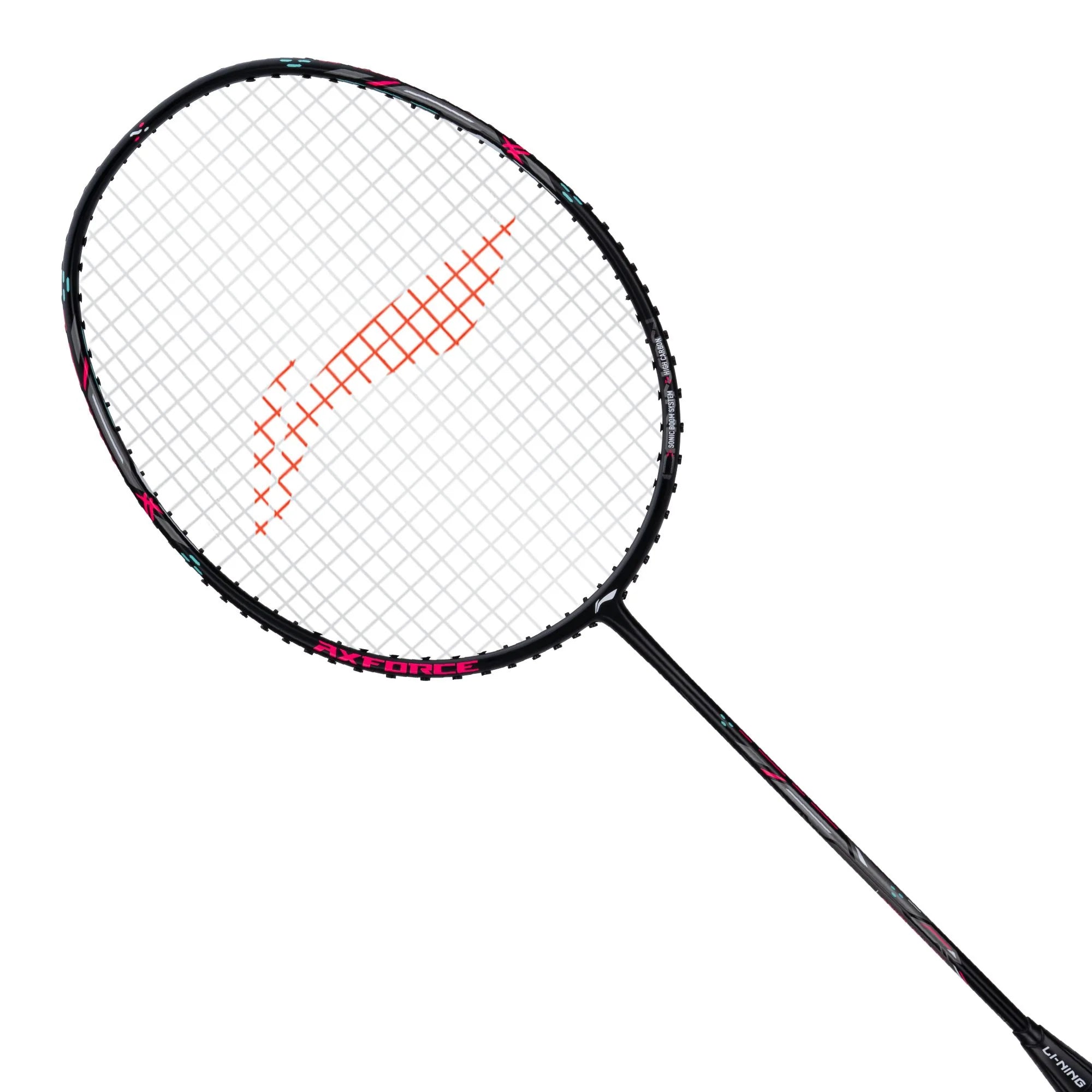 Badminton racket with a black and red design on a white background