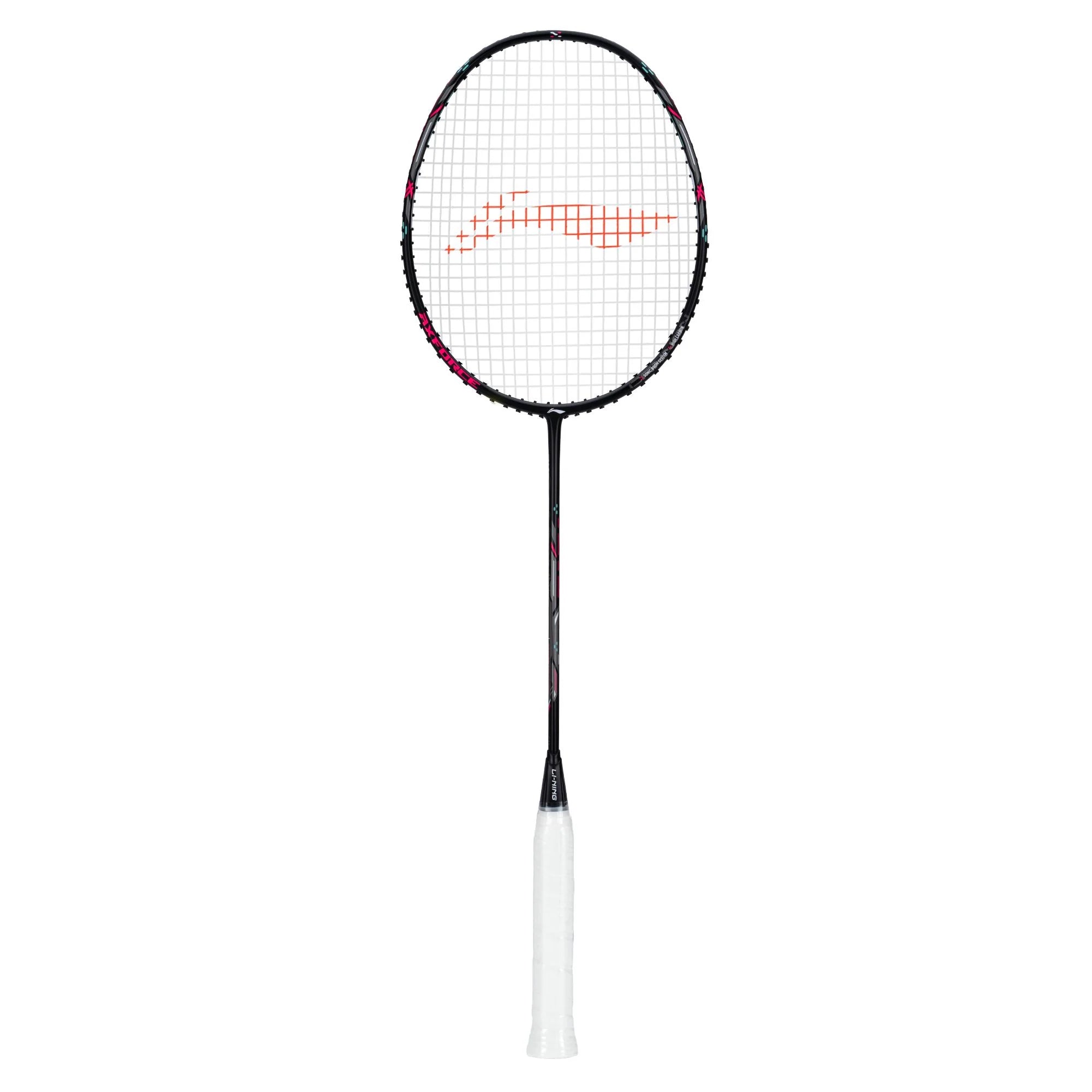 Badminton racket with a white handle and black frame on a white background