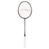 Badminton racket with a white handle and black frame on a white background
