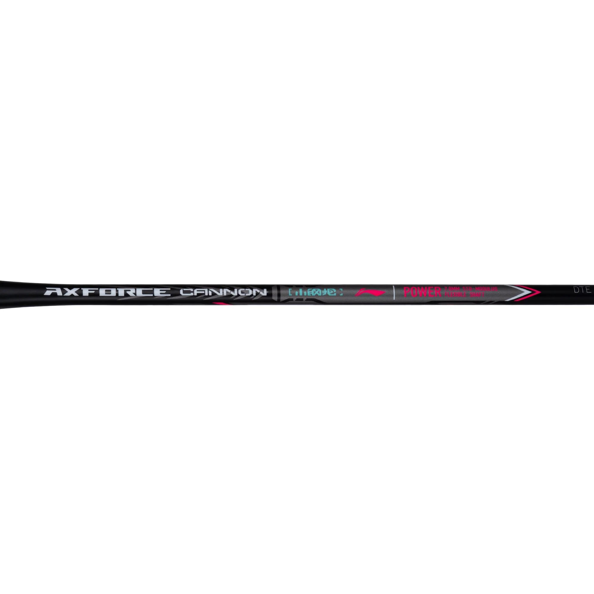 A close-up horizontal section of a black golf shaft featuring the 'AXFORCE CANNON' brand name in white, 'LIGHTS' in teal, and 'POWER ASSOCIATES' in pink, set against a solid white background.