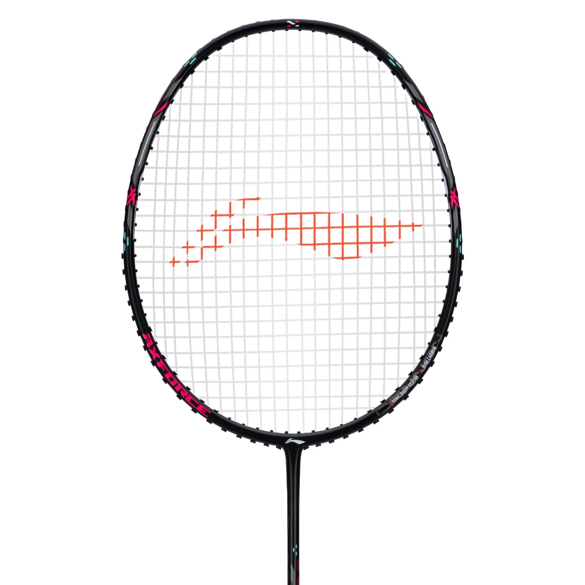 A badminton racket with a black frame, white strings, and a red logo on the center string bed, shown against a plain white background.