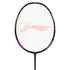 A badminton racket with a black frame, white strings, and a red logo on the center string bed, shown against a plain white background.