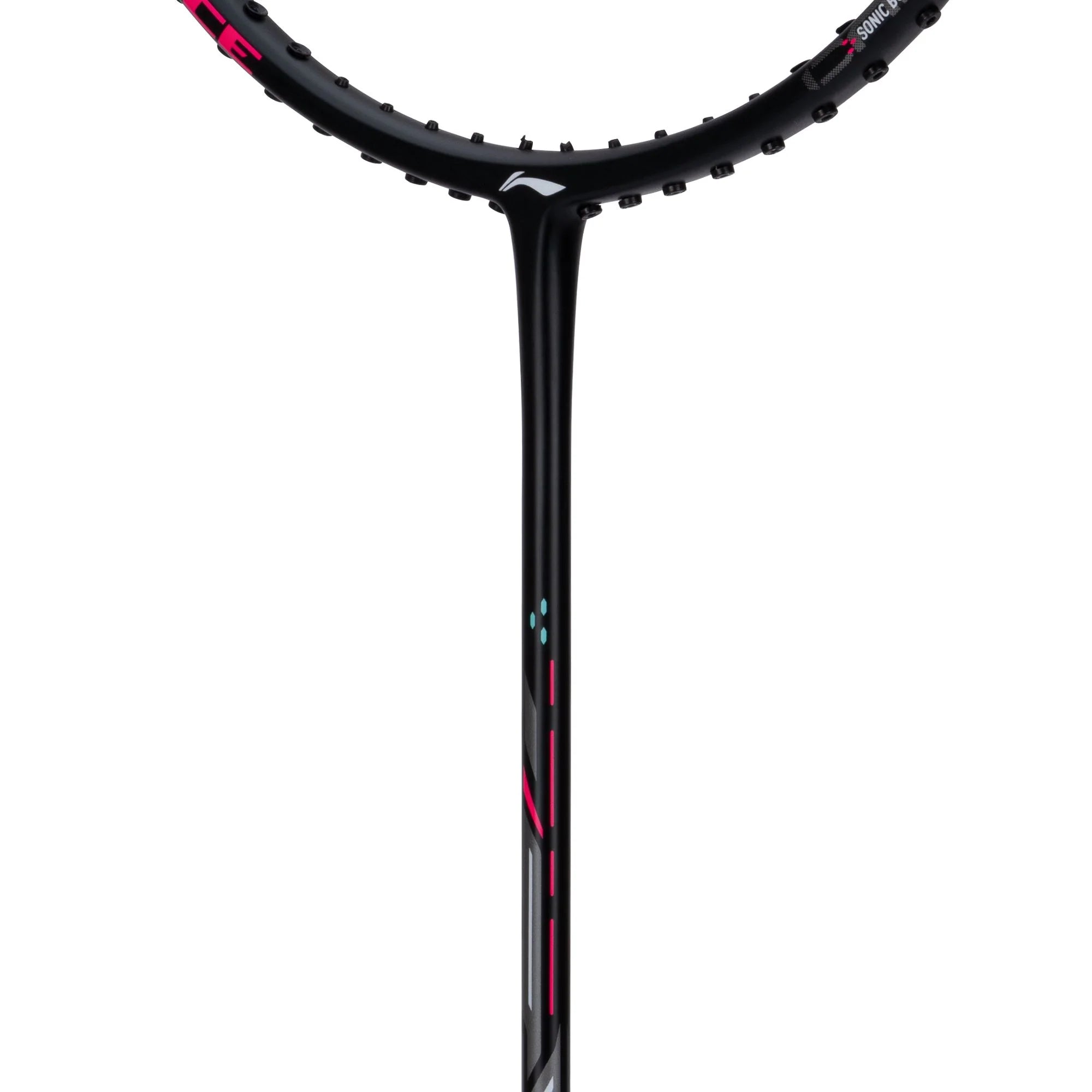 Black badminton racket with pink accents on a white background