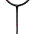 Black badminton racket with pink accents on a white background