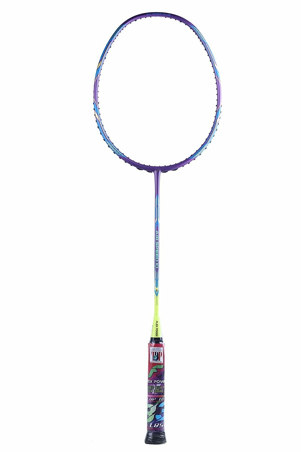 Flex Power Air Speed 10 Mega Tension - 33LBS Full Graphite Badminton Racquet with Full Racket Cover Purple/Neon