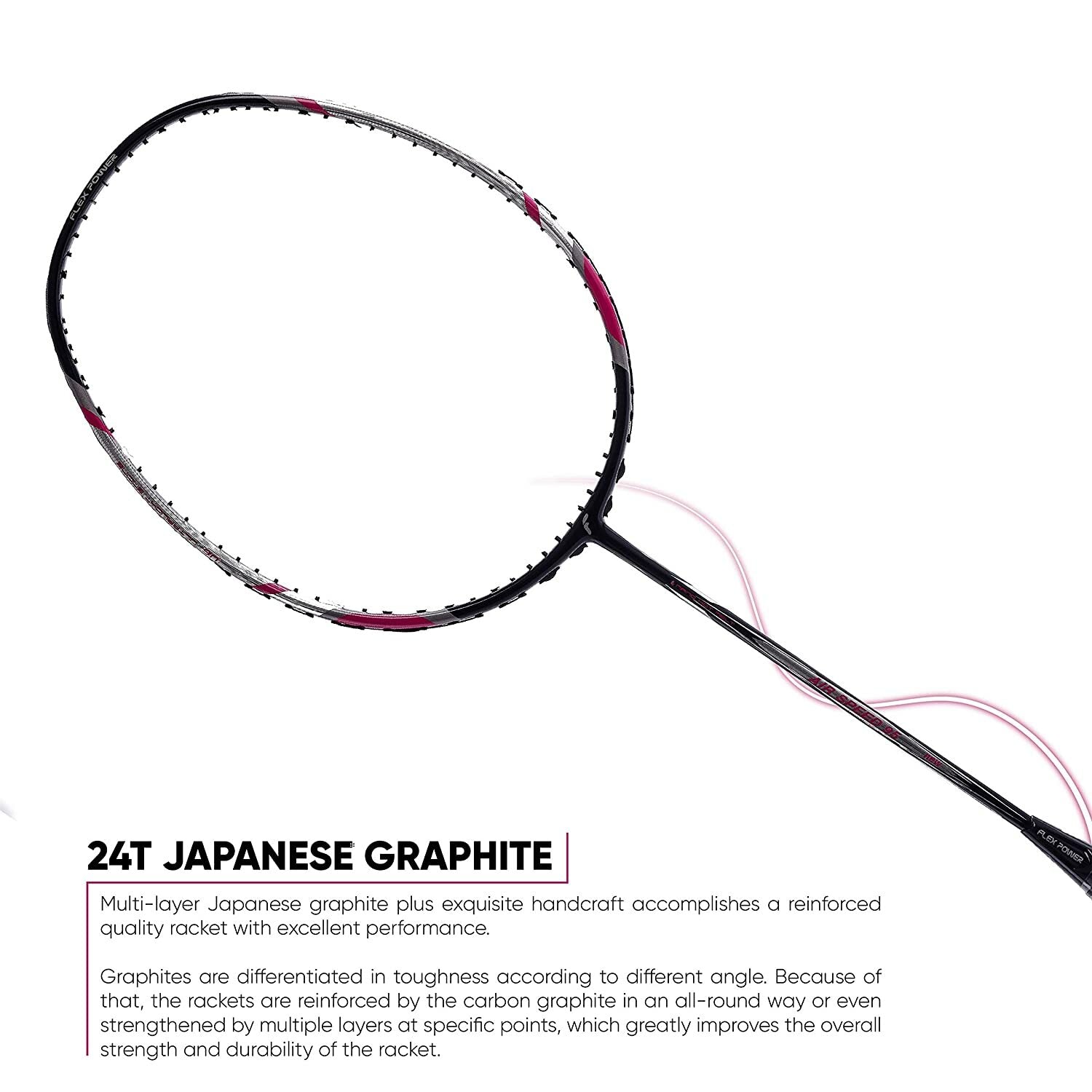 Flex Power Air Speed 95 Mega Tension - 33LBS Full Graphite Badminton Racquet with Full Racket Cover Black, Maroon Red